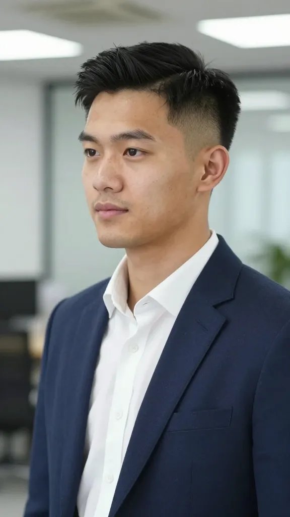 A realistic high-resolution portrait of a young professional man with medium skin tone and a clean, polished appearance, styled in a mid fade with a brushed-back look. The hair is 2.5 inches on top, brushed back to create a sleek, elongated silhouette that remains neat and professional. The fade transitions smoothly from the temples to the crown with a clean mid fade. He is dressed in a tailored navy blazer over a crisp white shirt, no tie, standing in a modern office setting with soft, natural lighting and subtle bokeh in the background. His expression is confident and approachable, capturing the balance between professionalism and youthful energy, with a subtle lift at the roots suggesting light hold spray used for lift. No text on the image.