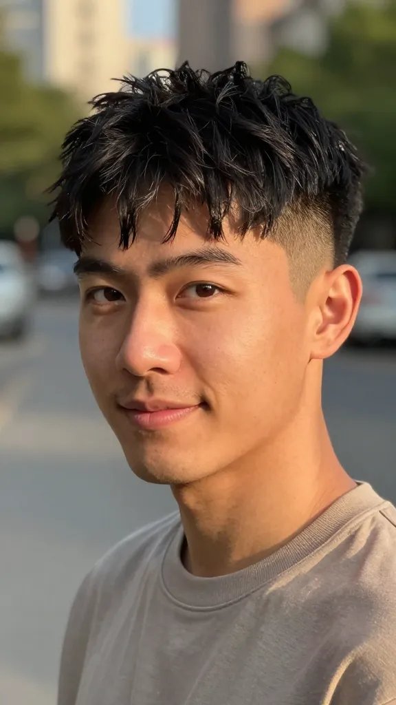 A high-resolution, naturalistic portrait of a man with a mid fade and a short textured top, standing outdoors in soft, golden-hour light. The haircut features a clean mid fade, blend into a 2 to 2.5 inch textured top with subtle piecey, tousled waves that catch light for a tactile feel. The subject has a relaxed, confident pose, slight smile, and direct gaze toward the camera. Hair texture emphasized with visible tiny strands and natural shine, showing how texture adds dimension and camouflage minor asymmetries. The styling suggests use of a texturizing spray; the overall look is modern, effortless, and social-media friendly. Clothing is casual&mdash;neutral-toned shirt&mdash;against a blurred urban or park background to ensure the focus stays on the haircut and the subject&rsquo;s face. No visible text or logos in the scene.