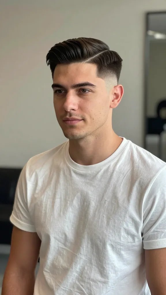 Create a realistic, high-resolution portrait of a man with a classic side-part hairstyle reimagined with a mid fade. The subject should have a polished, approachable look with confident posture, standing or seated in a modern, softly lit interior (neutral tones, subtle textures, and a hint of natural light). The hair should be styled with a top length of 2 to 3 inches, a clean, soft side part, and a mid fade that balances the silhouette without harsh lines. The overall vibe is timeless yet contemporary, suitable for a signature style. The man should be well-groomed, with neat facial hair minimal or clean-shaven, and a subtle, approachable expression. Ensure the hairstyle is the focal point with clear definition of the side part and mid fade, and include a discreet, classic comb in hand or resting on a pocket for quick refreshing touch-ups. No text or logos in the image.