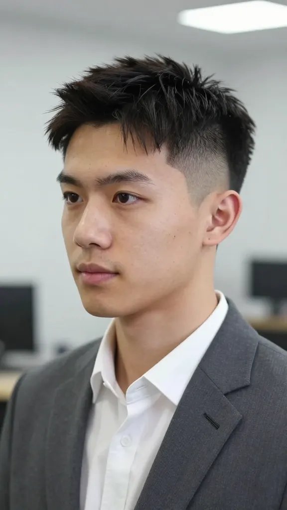 A high-resolution, realistic portrait of a young professional man with a clean, mid fade haircut featuring tight, crisp lines. The subject is well-groomed and wearing a smart-casual outfit&mdash;a tailored blazer over a crisp white shirt&mdash;suggesting efficiency and polish. The hairstyle shows a mid fade from temples to the back with a 1.75 to 2 inch top, slightly textured with light, natural shine, as if styled with a light hold paste for a fuss-free look. The scene is bright and corporate-leaning, with a neutral, softly blurred office backdrop to emphasize the subject. The expression is confident and approachable, conveying readiness for a busy day. No text, branding, or logos visible. Realistic lighting highlights the hair details and skin tone, producing a sharp, professional, everyday-ready vibe.
