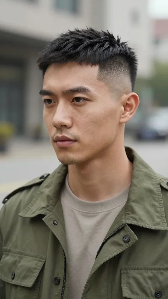 A high-resolution, portrait-style photo of a male model with a modern military mid fade hairstyle. The sides are faded from skin to about mid-length with a clean, seamless blend; the top features light, controlled texture with about 2 to 2.75 inches length, styled forward and slightly textured for a disciplined yet effortless look. The model has a rugged, outdoorsy vibe with a subtle five o&rsquo;clock shadow and a confident, relaxed expression. Clothing is smart-casual: a fitted olive-green utility jacket over a neutral crew-neck tee, conveying readiness for both desk work and rugged terrain. The lighting is natural and soft, casting gentle shadows to highlight the fade and texture without glare, set against a blurred urban outdoor backdrop that suggests versatility for both professional and adventurous settings. The overall image should feel cinematic, crisp, and photorealistic, with a matte-finish effect to emphasize low shine on the hair. No text on the image.
