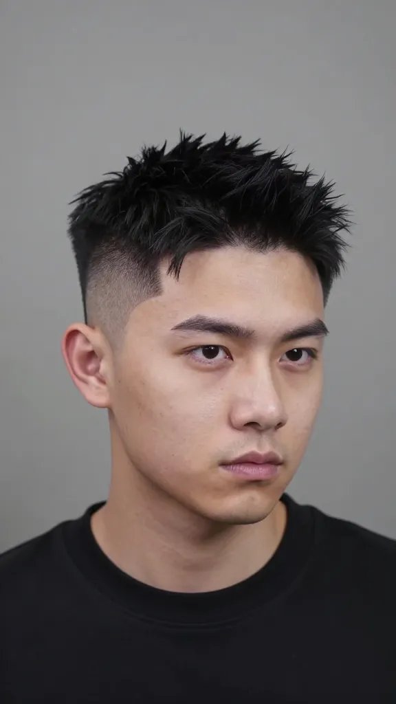 A high-resolution, realistic portrait of a stylish man with a bold high-contrast mid fade and a sharp, elevated top, standing in a modern studio setting with neutral tones. The sides feature a crisp mid fade from skin fade to short length, while the top is 2.5 to 3 inches tall, styled to look strong and sleek with defined, angular lines. The overall look emphasizes sharp angles to complement square and diamond face shapes, conveying confidence and poise. The lighting is dramatic yet balanced, highlighting the contrast between the dark, crisp fade and the lighter, textured top, with subtle shadows to add depth. The subject is positioned slightly off-center, gazing confidently into the camera, showcasing a polished, long-lasting hold hairstyle with a clean, masculine aesthetic. No text on the image.