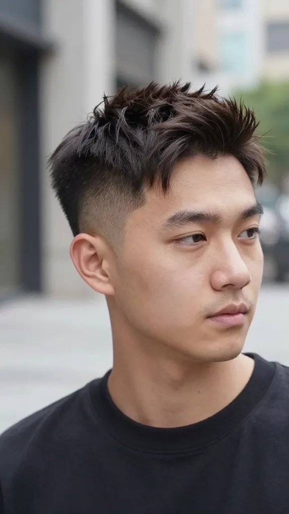 A realistic, high-quality photo of a man with a stylish two-tone mid fade hairstyle, standing in a modern urban setting with soft natural lighting. The sides and back fade from dark to a crisp mid fade, while the top features a subtle, single-color peek that complements his undertone&mdash;delicate, semi-permanent hue in a cool charcoal or warm chestnut shade. The top 2 to 3 inches are neatly styled with a gentle lift and a slight wave, showcasing a wearable, professional yet playful look suitable for work and weekends. The subject has clear skin, a clean shave or light stubble, and a confident, relaxed expression. Background is slightly blurred to emphasize the hairstyle, with neutral tones and subtle bokeh to keep the focus on the two-tone color peek. No text on image.