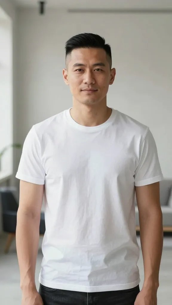 A realistic high-resolution portrait of a confident man with an ultra-low maintenance mid fade haircut, standing in a bright, minimalist urban loft with soft natural light. The hair is a seamless mid fade from about 1.5 to 2 inches on top, with a flawless, smooth transition and no visible styling products. The subject has a clean, sharp jawline, neutral expression or slight smile, and wears a simple, well-fitted white T-shirt and dark jeans to emphasize effortless style. Background features a light concrete wall and a hint of modern furniture, emphasizing a low-maintenance, everyday-ready look. The image should have natural skin tones, crisp details, shallow depth of field to subtly blur the background, and no text or logos anywhere in the frame.