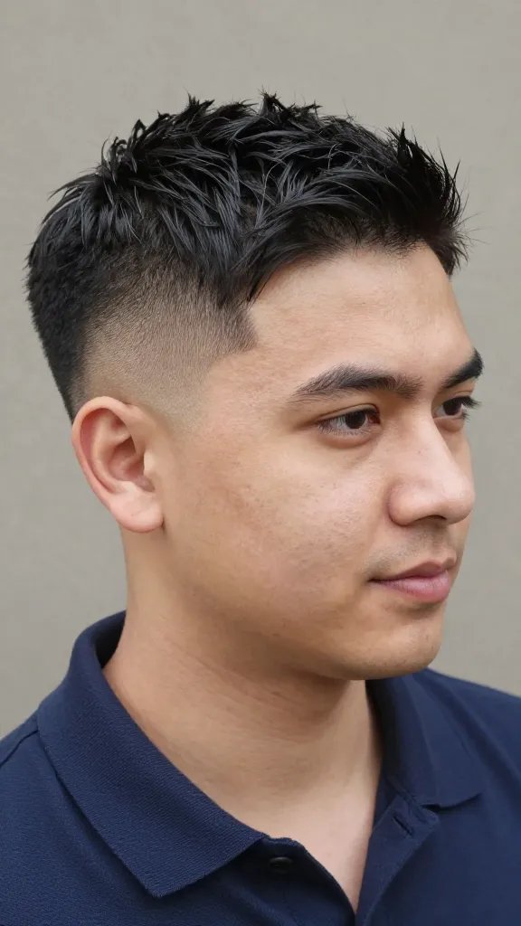 Create a realistic, high-quality, full-color photograph of a stylish man with a low fade haircut featuring subtle texture on top. The side and back are a clean, seamless low fade, while the top has soft, natural waves with light texture that reads as relaxed yet deliberate. The hair on top should have a slightly damp, matte finish, suggesting the use of a light matte pomade or cream, with gentle tousling for a casual, effortless look. The subject should have a confident, relaxed expression, perhaps a subtle smile, and be dressed in a smart-casual outfit (like a well-fitted shirt or polo) to convey &ldquo;effortless cool that still reads sharp.&rdquo; Lighting should be natural, with soft shadows and warm tones to emphasize the texture and depth of the hair. The background should be neutral and unobtrusive, ensuring the subject remains the focal point. No text on the image.