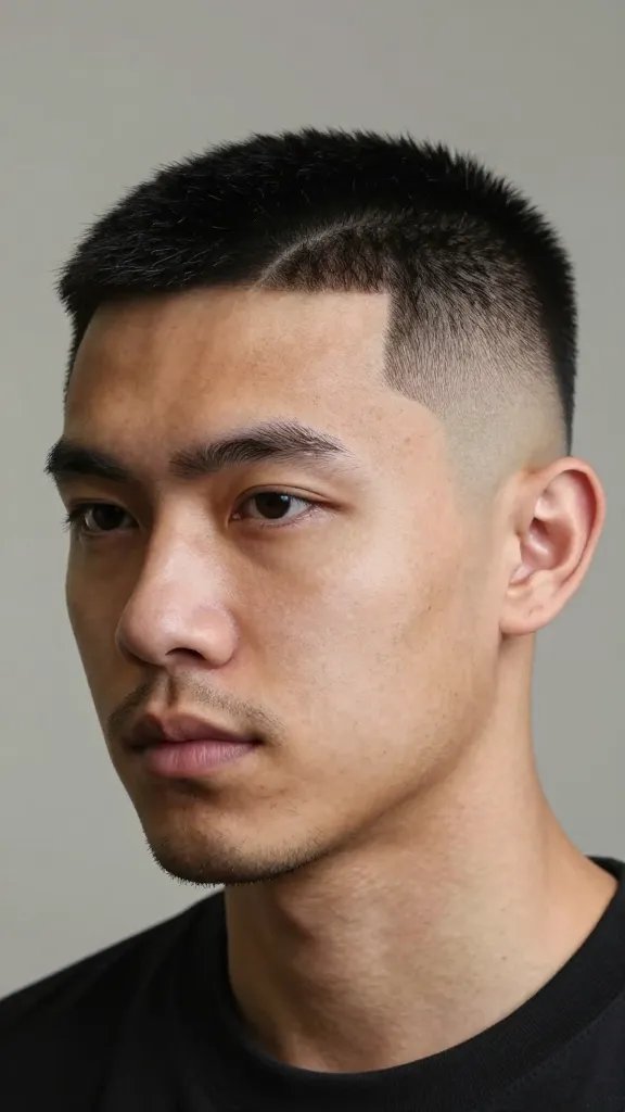 Create a hyper-realistic, high-resolution portrait of a man with a skin fade haircut featuring a razor-sharp hard line along the temple and back edge. The sides should be a seamless, ultra-short skin fade blending into a slightly longer top kept neat for daily styling. The subject should have a clean 2- to 3-day stubble to enhance the contrast, with a confident, neutral expression. Lighting is natural studio-like, soft but directional, highlighting the sharp line and precise fade details. The background is simple and unobtrusive (neutral or muted), focusing attention on the haircut. The subject's styling and grooming convey a modern, timeless look suitable for photos without any visible text or distractions.