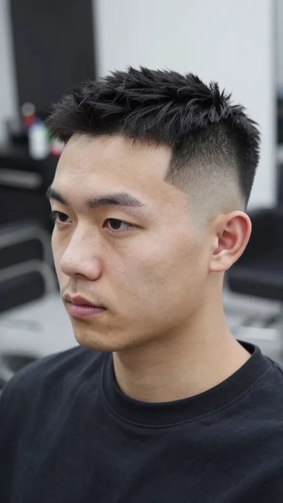 Create a high-resolution, realistic portrait photo of a fashionable man with a tapered fade and a soft, well-integrated top, standing in a clean, modern barbershop environment. The fade should start subtly at the bottom and gradually blend into a softly textured top of about 1.5 to 2 inches in length, with no harsh line. The top should have a natural, slightly tousled look, suggesting light hold product for a natural finish. The subject should have a versatile, approachable appearance suitable for both casual curbside looks and office-appropriate styling, with a face shape that flatters both round and square features. Lighting is bright and studio-quality, highlighting the smooth gradient of the fade and the gentle ramp from bottom to top. The overall vibe is classic, versatile, and easy to maintain, with the subject gazing slightly off-camera to convey confidence and ease. No text on the image.