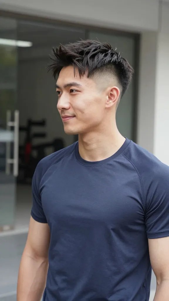 Create a high-resolution, hyper-realistic photo of a man with a modern crew cut fade. The sides are sharply faded from skin to a soft, seamless transition, while the top is kept slightly longer with soft texture to allow wind movement. The subject stands in a clean, well-lit urban gym entrance with natural daylight filtering in, conveying an active, no-fuss style. He has a confident, relaxed expression, slight smile, and athletic build, wearing a fitted athletic tee and joggers. The top hair should have a gentle wave and volume, showing versatility for movement, while the sides maintain a crisp fade. The overall look is tidy yet stylish, flattering for most hair types, with emphasis on the contrast between the clean fade and textured top. The composition focuses on the head and shoulders, with a shallow depth of field to keep the subject sharp against a softly blurred background. No text or logos visible.