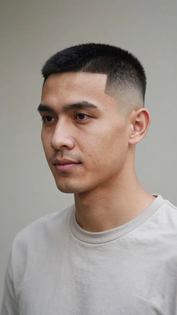 Create a high-resolution, realistic portrait of a confident man with a bold flat top fade. The main subject should have a clean, minimal top length of 1 to 2 inches, styled with a subtle, modern flat top that emphasizes structure without bulk. The sides feature a precise, even low fade that blends seamlessly into the flat top for symmetry. The overall look combines retro vibes with contemporary polish: the top is sparse and tidy, suggesting a minimalist yet striking silhouette. The lighting is natural and flattering, with a neutral background to keep the focus on the haircut and the subject&rsquo;s expression&mdash;a poised, compliment-worthy presence that invites curiosity. The subject should be wearing a simple, well-fitted casual outfit (e.g., plain t-shirt or collared shirt) to keep attention on the hairstyle, and the image should avoid visible text or logos.