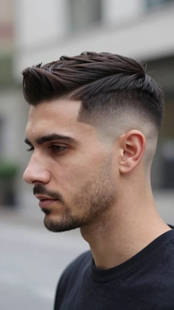 A realistic, high-quality portrait of a man with a modern curved line fade hairstyle: a softly curved line shaved into a low to mid fade that curves naturally around the ear, paired with a gentle, tapered top that sits neatly and evenly, creating a polished silhouette. The subject should have subtle, well-groomed facial hair and a clean, sophisticated look, standing against a neutral urban backdrop with soft, diffused lighting that highlights the crisp edge of the curved line and the smooth taper. The overall aesthetic is classy, contemporary, and versatile, with the line appearing as a precise but understated feature that enhances the hairstyle without drawing excessive attention. No text on the image.