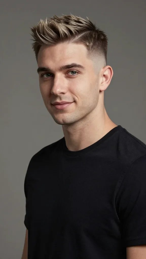 A high-resolution, realistic portrait of a stylish man with a sharp Shadow Fade on the sides and back, featuring subtle scalp texture peeking through on the crown area. The top has light, natural texture with a slightly tousled finish, suggesting a touch of sea salt spray for effortless lift. The lighting is soft and sophisticated, with a neutral background that emphasizes a refined, youthful vibe suitable for office days or dinner dates. The subject stands with a relaxed, confident posture, slight smile, and direct gaze toward the camera, showcasing clean fade lines around the temples and ears, smooth gradient blending, and a polished overall appearance without any visible logos or text.