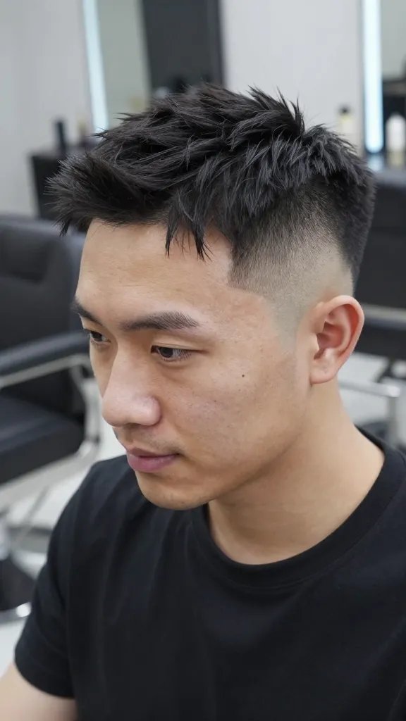 A high-resolution, naturalistic male portrait in a modern barber shop setting, featuring a man with a low skin fade that blends seamlessly into a 2.5-inch top. The hair on top should be styled with subtle texture and directional brush to create a casual, motion-filled look suitable for work and weekends. The sides are clean and tight, with a smooth skin fade that emphasizes sharp lines without harsh contrasts. The subject should be in a relaxed pose, perhaps leaning slightly forward with a confident, approachable expression, showcasing versatility and easy at-a-glance styling. Soft, even lighting highlights the clean fade, the textured top, and the natural shine of healthy hair. The background is slightly blurred with hints of a modern barber chair and mirrors to imply a professional salon environment. No text or logos on the image.