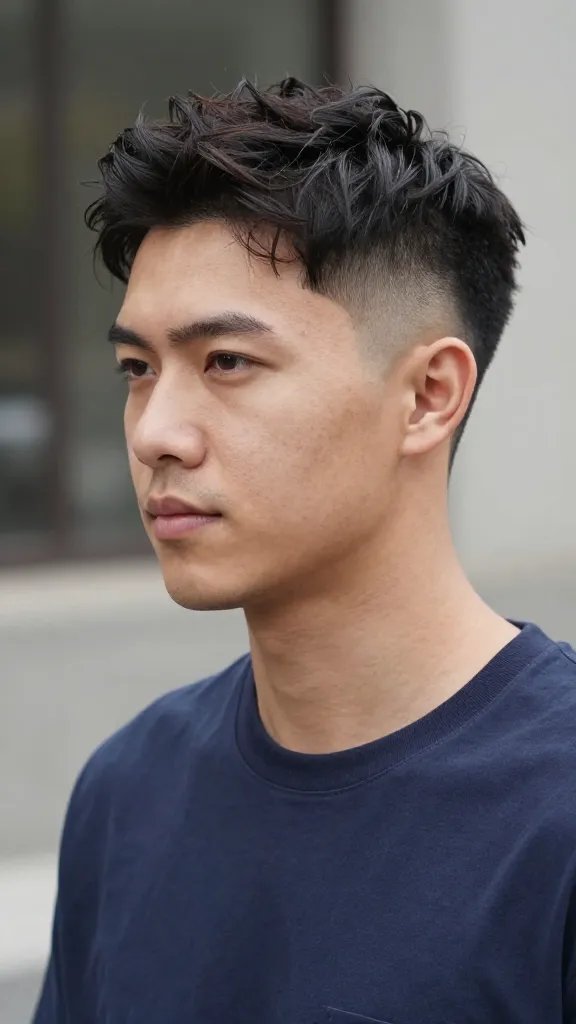 Create a high-quality, realistic portrait of a man with a low fade haircut featuring natural wavy texture on top. The hair should have soft, defined waves with a seamless low fade at the sides and back, conveying effortless style. The subject is outdoors in natural light on a casual day, standing at a relaxed three-quarter pose with a subtle, confident expression. He has a clean, well-groomed look with minimal product&mdash;just enough to enhance the wave pattern and tame any frizz. The hairstyle should emphasize natural movement, with a touch of shine and a healthy, easygoing vibe. The background is softly blurred to keep the focus on the hair and face, and the overall composition resembles a lifestyle portrait suitable for a fashion or grooming editorial. No text on the image.
