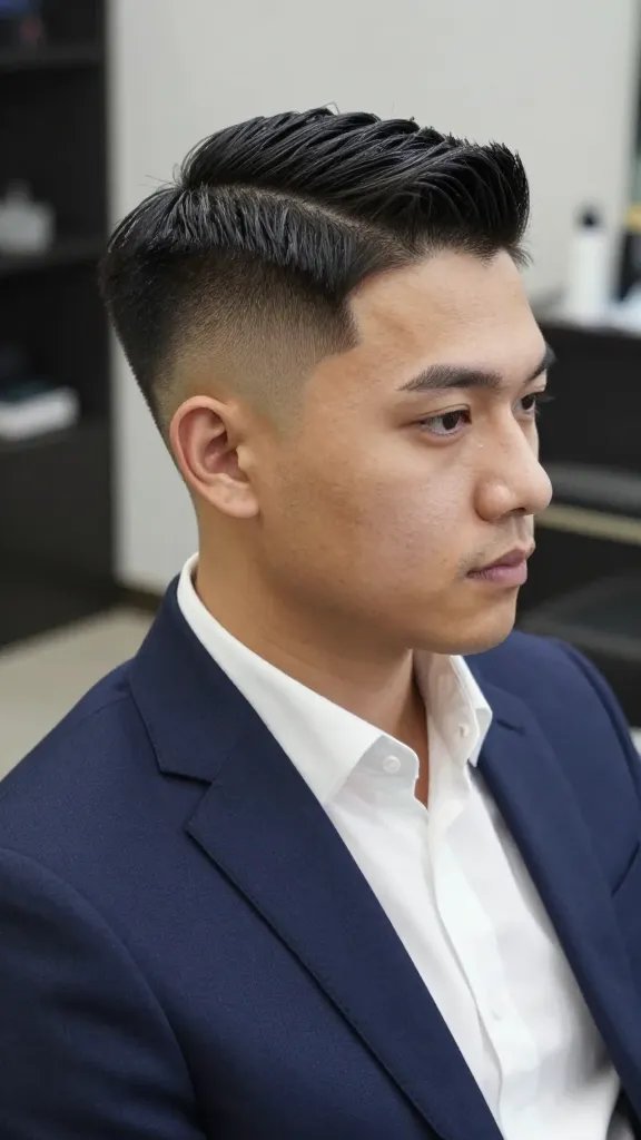 Create a hyper-realistic, high-resolution portrait of a stylish man with a classic side part fade haircut, positioned in a clean, modern grooming setting. The subject should have a sharp, polished look: a crisp side-parted top with a smooth fade on the sides, neatly defined part line brushed with a subtle shine, and a tidy top length that maintains the part. He wears a tailored blazer over a crisp shirt, signaling meetings or date-night polish without stiffness. Lighting is natural and flattering, highlighting the contrast between the clean fade and the well-groomed part. Background is minimal and upscale (soft-focus office or upscale barber shop), with no text or branding visible. The overall mood is timeless, confident, and adaptable, with meticulous grooming and a disciplined, effortless style.