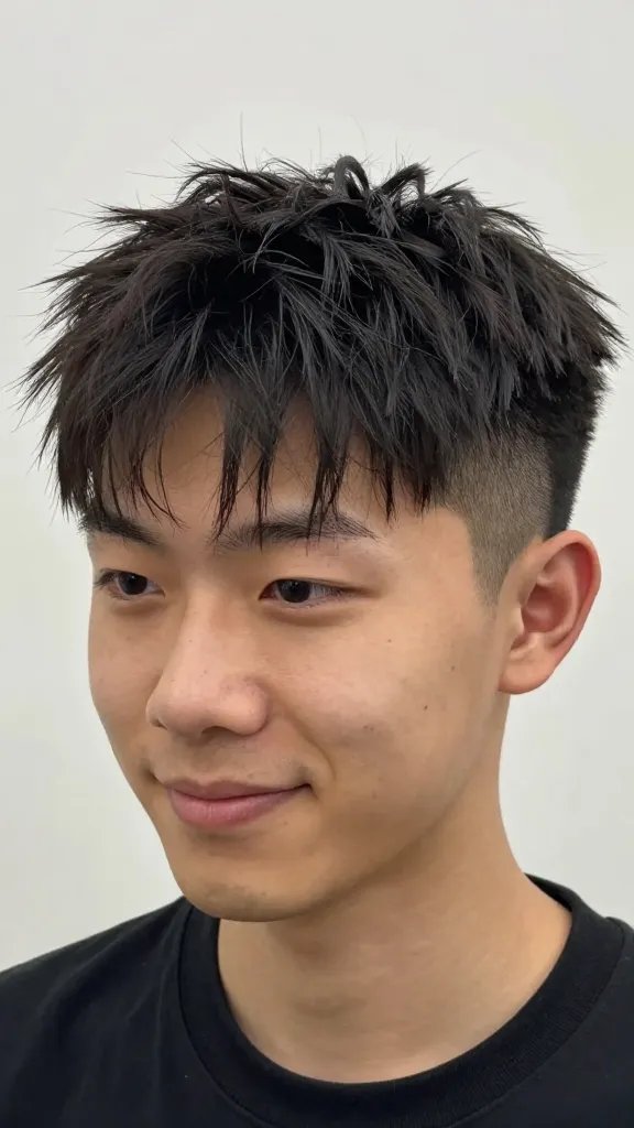 A high-resolution, realistic portrait of a young man with a low burst fade and a textured fringe. The fade starts low on the sides and back, blending smoothly into the longer, textured fringe on top. The fringe is 1 to 2 inches long, tousled and side-swept to create a playful, youthful look, blending seamlessly into the top for a natural transition. The subject has a confident, relaxed expression with a soft smile, subtle lighting that highlights the texture and layering of the hair, and a clean, natural background that enhances the haircut. Ensure the haircut complements a variety of face shapes, with visible volume and definition in the fringe and crown, and a polished, modern vibe. No text on the image.