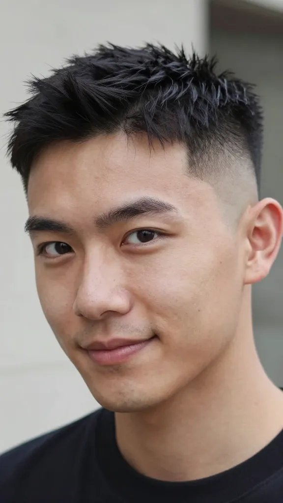Create a high-resolution, hyper-realistic portrait of a stylish man with a modern angled fade haircut that starts low at the sides and angles upward toward the crown, paired with a short, neatly cropped top. The subject should be facing slightly off-center, with a confident, subtle smile and direct gaze toward the camera. The fade is clean with a slight taper near the crown, and the top is short and textured. Use a matte finish styling product to keep the lines crisp and intentional, with minimal shine on the scalp and hair. The lighting should be naturalistic and soft, highlighting the sharp angles of the fade and the defined edge of the crop, while the background is neutral and blurred to keep full focus on the hairstyle. The overall look is modern, dynamic, and eye-catching without appearing loud, embodying the concept of a statement hairstyle without shouting. The subject mirrors a fashionable, everyday man who could be the main figure in a grooming or hairstyle feature. No text overlay.