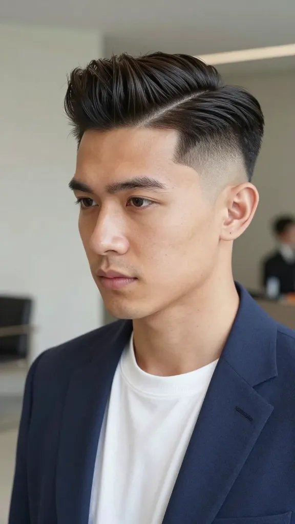 A high-resolution, hyper-realistic portrait of a stylish man with a tidy fade and a brief pompadour, standing in a modern indoor setting with soft natural light. The subject has a clean, well-groomed look: short, tapered sides fading into a subtle low fade, and a short, controlled pompadour on top about 2.5 inches long, brushed back with a light, flexible pomade for shine and definition. The hairstyle should emphasize retro charm with contemporary restraint. He&rsquo;s wearing a tailored, smart-casual outfit (navy blazer over a white crew-neck tee) and a relaxed confidence in his expression. Background is blurred to keep focus on the hairstyle, with neutral tones that complement the hair color. The overall image should convey a chic, timeless vibe: crisp texture in the pompadour, smooth fade, natural skin tones, and high-detail hair reflections to showcase the low-fade, compact pompadour look. No text or logos in the scene.
