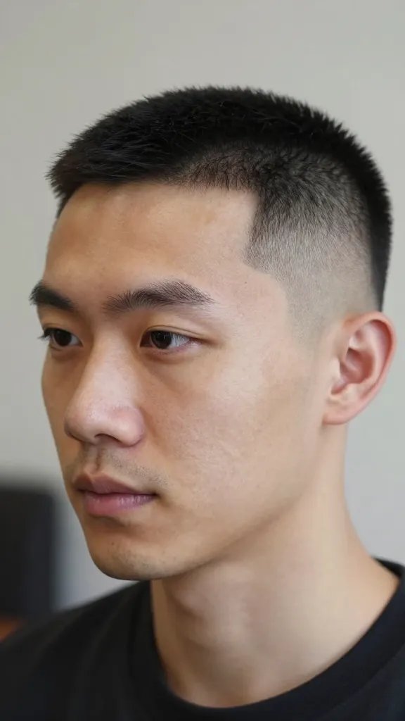 Create a realistic, high-quality close-up portrait of a man with a minimalist skin fade hairstyle: ultra-clean, barely-there top with a tight, seamless fade that blends smoothly into the skin. The subject should have a polished, professional look&mdash;clean skin, subtle five o'clock shadow, and a calm, confident expression. Lighting is soft and natural, highlighting the crisp fade lines and the subtle shine on the hair using a light finishing balm. The background is neutral and unobtrusive, suggesting a quick-study, meeting-ready vibe. The overall mood is effortless sophistication with a sharp silhouette, suitable for busy mornings and sharp photos. No text on the image.