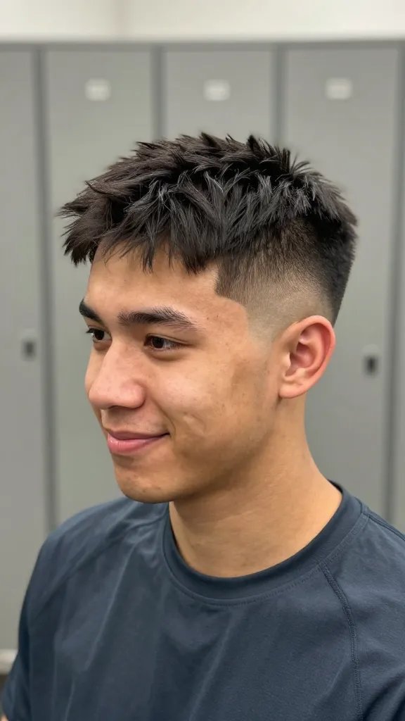 A realistic, high-quality portrait of a young man with a short quiff fade, standing in a modern, softly lit gym locker room backdrop. The quiff is brushed up from the front to add lift and personality, while the sides are kept tight in a clean fade. The hair has a natural, soft matte finish with subtle movement and no stiffness, suggesting a light hold product was used. The subject wears a casual athletic shirt, with a confident, active look and a slight smile. The lighting is natural with gentle shadows to emphasize the texture of the quiff and the fade, and the image has a crisp, cinematic depth of field, focusing on the hair and facial features without any text or branding visible.