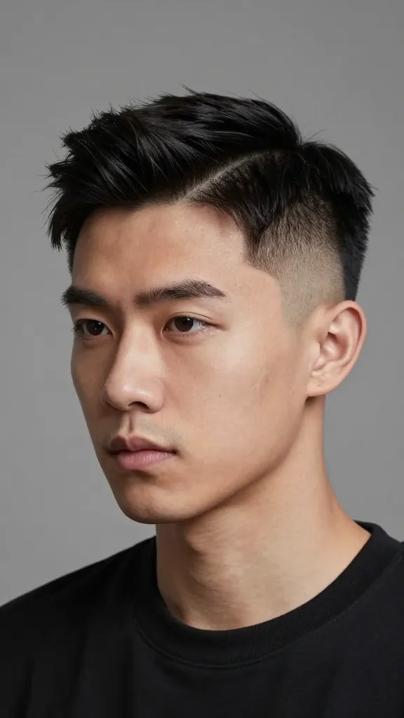 A high-quality, realistic portrait of a grown-up man with a refined, modern hairstyle: a shaped temporal fade surrounding the ears with a precise, clean fade, paired with a side-swept top held in place with a flexible-hold product for natural shine. The subject stands in a sleek, neutral-toned studio environment with soft, even lighting that highlights the precise line work of the fade and the smooth blend into the longer top. The look should convey confidence and wearability, with a subtle editorial edge, minimal background distractions, and the hair styled to emphasize clean edges around the ears and a smooth, sweeping side section, all in a natural skin tone and realistic textures. No text on the image.