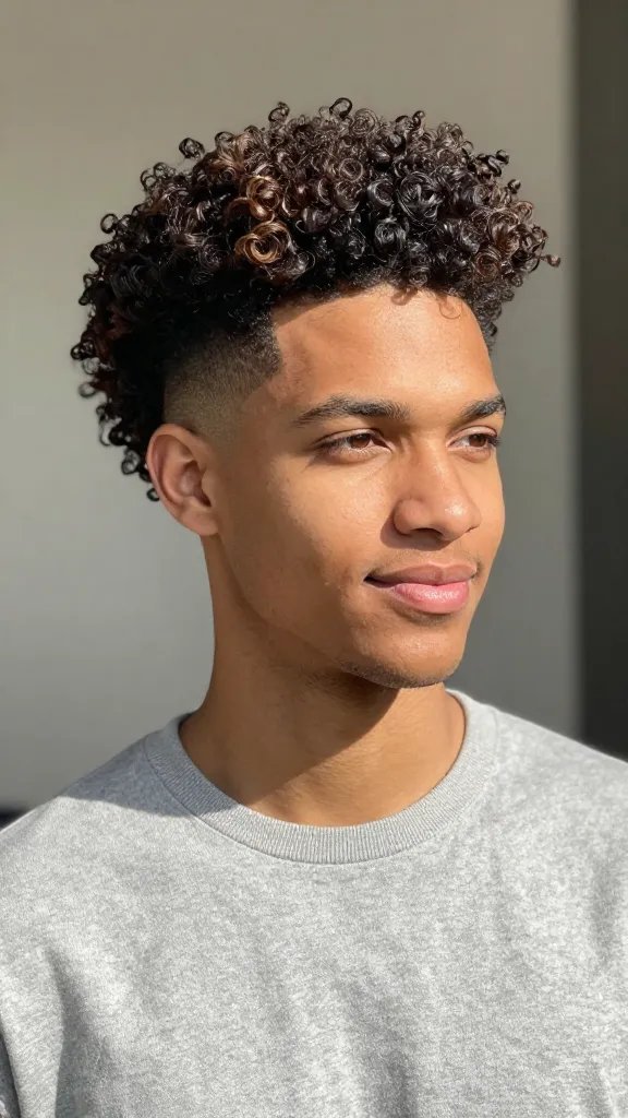 Create a high-resolution, realistic photo portrait of a confident man with curly, coily hair featuring a gentle afro fade and a soft textured crown. The sides are neatly faded from skin to a gradual, light scissors fade, while the top has well-defined curls up to about 1.5&ndash;2 inches with natural, hydrated texture. The lighting is natural with soft shadows to highlight the texture and fullness of the Afro on top. The subject has a clean, well-groomed appearance with a subtle, relaxed smile and a calm, stylish vibe. Skin tone medium to warm, with subtle moisturized shine on the curls to emphasize hydration. Outfit should be simple and modern (e.g., well-fitted neutral sweater or t-shirt) to keep focus on the hairstyle. Background: neutral, softly blurred studio setting or light bokeh to ensure the haircut stands out. No text on the image.