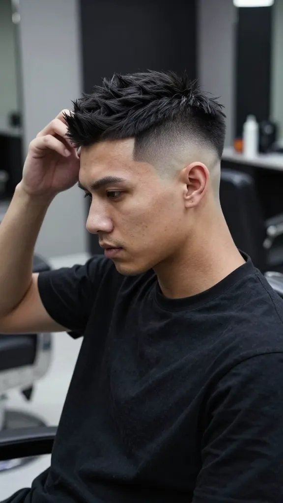 Create a hyper-realistic, high-resolution portrait of a confident man with a bold skin fade and a textured top, showcased in a modern barbershop setting. The sides are tightly faded to a near-clean line, creating a strong contrast with a chunky, textured top styled with a matte finish to avoid shine. The man stands or sits with a slight twist to emphasize the silhouette, one hand lightly touching the textured crown as if adjusting it with a casual finger-combed look. Lighting is high-contrast, studio-quality, highlighting the sharp fade and the grit of the texturized hair while keeping skin tones natural and defined. The styling product should appear matte, with no glossy reflections, and the overall vibe exudes high confidence and purpose with minimal, effortless maintenance. Background should be subtle and modern&mdash;barber chair, mirrors, and soft textures&mdash;to keep the focus on the subject&rsquo;s bold silhouette. No text visible in the image.