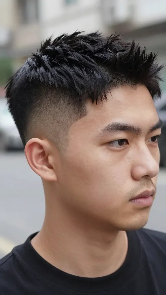 A high-resolution, hyper-realistic photograph of a stylish man with a burst fade that commands attention. The hairstyle features a pronounced burst around the ear, shortest at the temple and gradually fading toward the crown, paired with a short rounded fringe or a slicked-back top. The subject has a modern, confident look with clean skin, subtle stubble, and a well-groomed appearance. Lighting is natural and flattering, highlighting the crisp fade lines and the texture of the hair. The background is softly blurred in a neutral urban setting, ensuring the hair detail stands out without any text or logos on the image. The subject embodies a polished, contemporary vibe suitable for a fashion-forward hair article.