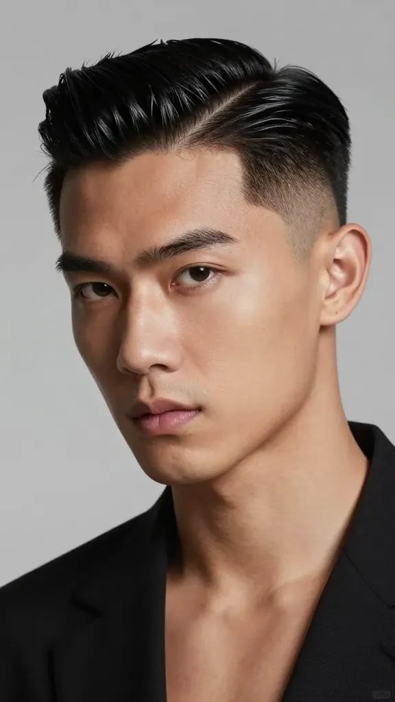 A high-resolution, cinematic portrait of a stylish man with a sharp, high-contrast fade and a glossy slicked-back top. The subject stands in a modern, minimalist studio with soft, flattering lighting that highlights the crisp fade on the sides and the mirror-like shine of the top. His facial expression is confident and composed, exuding boldness and sophistication. The top hair is meticulously slicked back with a glossy finish, showing subtle volume and precise texture. The fade transitions cleanly from skin to hairline, with a pristine hairline and sharply lined temples. Skin tones are natural and well-lit, with subtle, natural makeup to reduce shine. The overall mood is magazine-quality, polished, and ready-to-wear, conveying a "life together" vibe. No text or logos on the image.