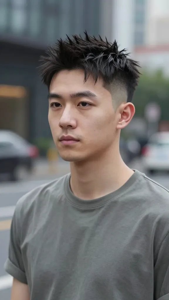 A high-resolution, photorealistic portrait of a stylish man with a short slope fade and a spiky top, standing in a modern urban setting with soft bokeh city lights in the background. The sides are tapered close to the skin, blending seamlessly into a slightly longer, textured top styled into defined, upward spikes using a light gel for flexible hold. The spikes have height without bulk, creating a sharp yet lightweight look suitable for thinner hair. The subject wears a casual, well-fitted outfit (e.g., plain t-shirt or casual shirt) and has a confident, relaxed expression. Natural lighting highlights the contrast between the close faded sides and the spiky apex, with subtle shadows to emphasize texture and shape. No text included in the image.