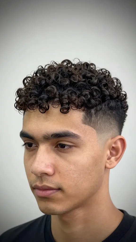 A high-resolution, realistic portrait of a stylish man with a curly top and a subtle temple fade, showcasing balanced contrast between the curly crown and the fade. The subject has defined, well-moisturized curls with natural sheen, light frizz controlled, and a calm, confident expression. The fade is gradual and not too tight, blending smoothly into the hairline at the temples. Soft, natural lighting highlights the texture and volume of the curls while keeping the sides clean but not stark. The background is a neutral studio gradient to emphasize the hairstyle, with a shallow depth of field that keeps the focus on the hair and face. No visible text or logos.