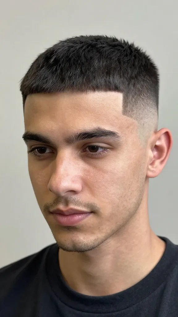 A high-resolution, photorealistic portrait of a stylish man with a retro-fresh flat top fade. The top features assorted lengths: a crisp, bold flat-topped crown with subtle height variation and clean edges, while the sides and fade are tight and seamless, transitioning from skin to hair with a smooth blend. The look is polished and modern, reflecting a nod to nostalgia. The subject is centered, facing slightly to the side with a confident, relaxed expression, natural skin tone, and well-groomed facial stubble. Lighting is bright and even to emphasize the texture and crispness of the top, the precision of the fade, and the hair&rsquo;s shine. The background is a neutral, softly blurred studio setting to keep full focus on the hairstyle. No text on the image.