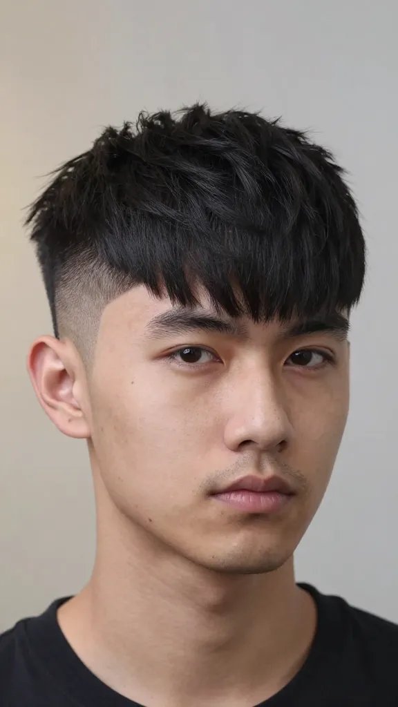 Create a high-resolution, realistic portrait of a fashionable man showcasing a modern fade with a long fringe. The subject stands against a softly blurred neutral backdrop (warm beige to cool gray gradient) to emphasize the haircut. The fade should be tight and seamless on the sides, blending into a longer crown on top. The fringe should be kept slightly forward, with subtle texture that frames the forehead and creates a contemporary silhouette. Use a light styling cream or paste to give the fringe a natural, controlled shine without looking stiff. The overall look should convey versatility and mystery, suitable for square or oval face shapes. The subject should have a confident, relaxed expression, well-groomed eyebrows, and a clean, subtle five o&rsquo;clock shadow. Lighting should be soft and flattering, highlighting the hair texture and the face shape. No text on the image.