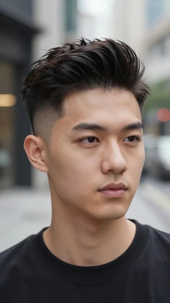 A high-resolution, realistic photograph of a stylish man with a confident, commanding presence, standing in a modern urban backdrop with soft bokeh lights. He features a dramatic temp fade on the sides that blends into a long, voluminous quiff on top, meticulously shaped with a matte finish and a subtle touch of pomade for strong retention. The top is blow-dried upward to create a bold quiff height, with the front and crown lifted and structured, while the sides remain clean and understated. The overall look exudes a minimal, polished vibe: clean fade on the sides, defined quiff, natural skin tone, well-groomed eyebrows, and a composed, self-assured expression. Lighting is natural yet enhanced to emphasize texture and hair shine, with a shallow depth of field to keep the subject crisp against a softly blurred, stylish urban environment. No text on the image.