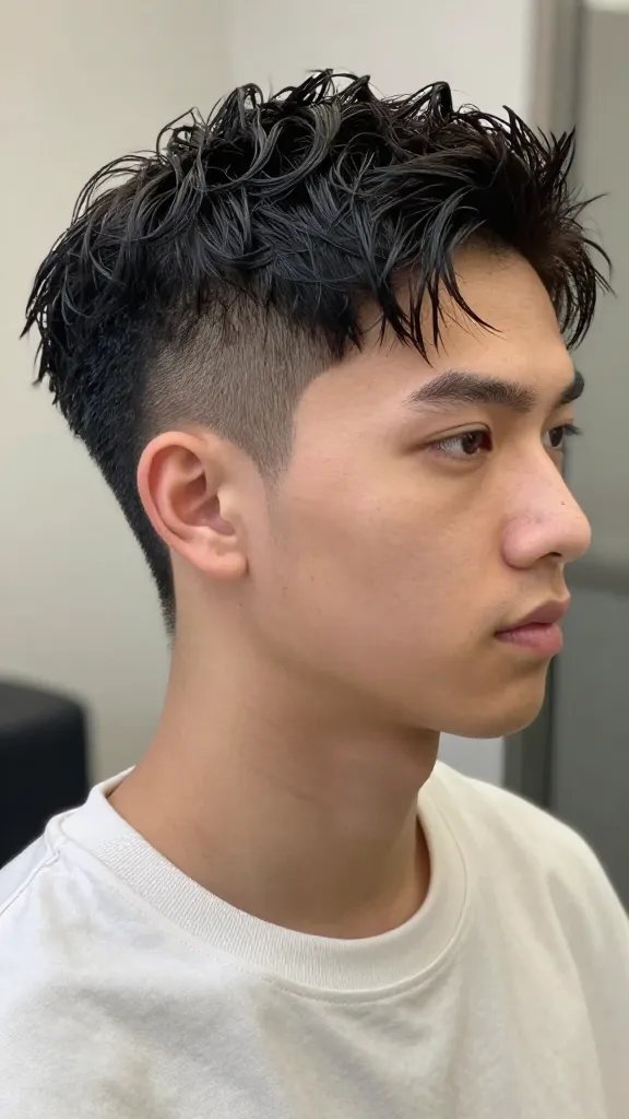 A high-resolution, photorealistic portrait of a stylish man showcasing a mid fade with soft waves on top. The subject has a clean, natural skin tone, well-defined jawline, and a relaxed, confident expression. The hair features a crisp mid fade on the sides and back, with longer, soft waves on top that appear textured and natural, as if lightly dampened and air-dried. The waves have subtle shine and movement, demonstrating a light-hold product effect for a laid-back yet refined vibe. Lighting is soft and flattering, with natural daylight coming from the side to highlight the wave texture and the contrast between the fade and the top. The background is neutral and slightly blurred to keep the focus on the hairstyle, attire is casual-smart (e.g., a simple crew-neck shirt or light jacket) to complement the modern, effortless aesthetic. No text or logos in the image.