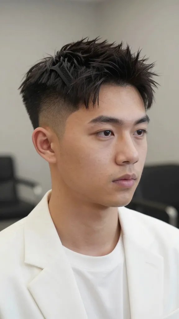 A high-resolution, photorealistic portrait of a stylish man with an angular fade haircut and a neatly groomed side part. The fade is sharp and crisp at the temples, gradually tapering into longer hair on top that is swept to the side with a gentle, confident tilt. The lighting is natural and flattering, showcasing clean lines and a subtle matte finish in the hair for a polished, grown-up look. The subject wears a crisp, well-fitted blazer or smart-casual shirt suitable for an interview or first date, and a clean, classic hairstyle accessory like a fine comb embedded in the side-part line to emphasize precision. The background is softly blurred in a neutral studio setting to keep full attention on the haircut and confident expression, with no visible branding or text. The overall mood conveys sophistication, approachability, and contemporary style.