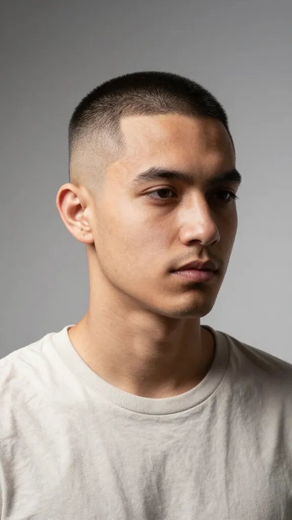 A high-resolution, hyper-realistic portrait of a man with a clean buzz cut fade, showcasing a subtle yet precise taper that adds dimension while maintaining ultra-low maintenance. The subject stands in a softly lit studio setting with a neutral, gradient background, wearing a simple crew-neck t-shirt to emphasize the hair silhouette. The fade starts very close on the temples and gradually blends into a uniform buzz length on top, highlighting a crisp line-up and smooth scalp texture. The lighting is natural and flattering, casting gentle shadows to accentuate the fade edges and skin health, with a slight sheen on the scalp to indicate moisturized skin. The overall mood is confident, minimalist, and fresh, conveying practicality and effortless style without any text or branding in the frame.