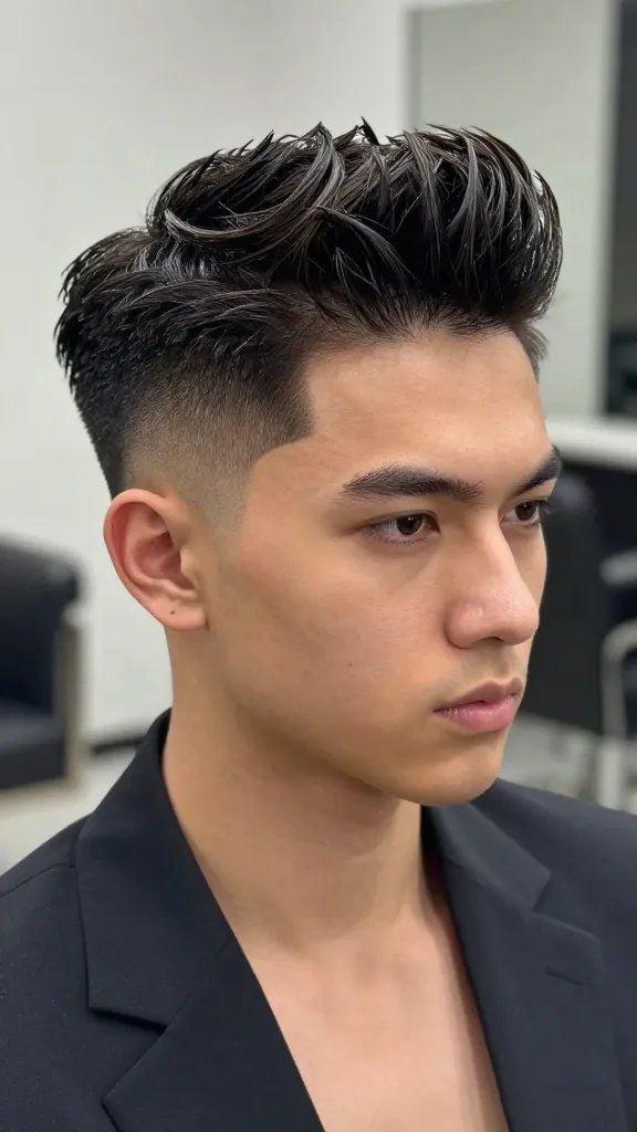 A high-resolution realism portrait of a stylish man with a dramatic pompadour fade, shot in a modern, well-lit studio setting. The subject has a strong, confident expression and a voluminous pompadour that rises with a clean fade on the sides, blending into a tapered nape. The hair is glossy and meticulously styled as if held in place with a strong-hold pomade, reflecting light to emphasize the lift and shape. The fade transitions smoothly from ultra-short sides to a longer top, with precise line work along the temple and hairline. The model wears a tailored, sleek outfit (e.g., dark blazer or fitted shirt) to convey a polished, fashion-forward look. The background is softly blurred to ensure the focus remains on the haircut, with natural skin tones, subtle makeup for a flawless appearance, and no text on the image.