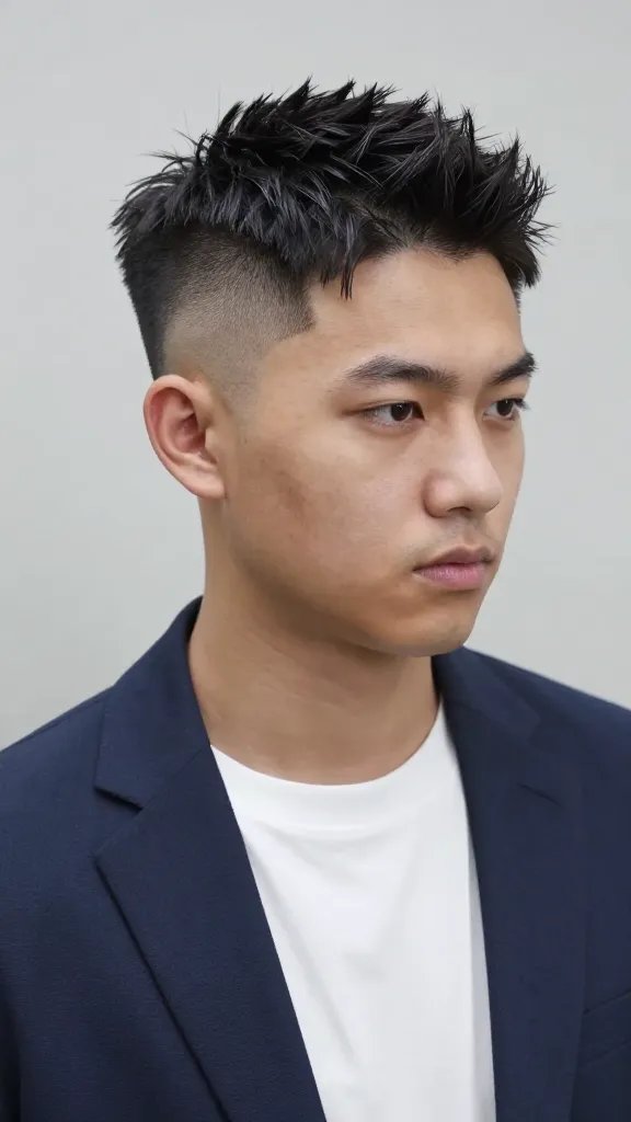 Create a hyper-realistic, high-resolution portrait of a stylish man showcasing a "Shear-Side Fade with Textured Crown": a modern, ultra-clean fade on the sides with a textured crown on top. The top should have visible texture and lift, with a subtle shine to highlight crown movement, while the sides remain crisp and seamless. The subject stands in a polished, well-lit studio setting with soft, even lighting that enhances the texture and shine without harsh reflections. Clothing should be contemporary and fashion-forward (e.g., a tailored blazer over a crisp tee) to convey an expensive, sophisticated look. The overall mood is confident and effortless, with natural finger-styled texture suggesting casual, lived-in styling. Ensure the subject is the main focal point, with realistic skin tones, sharp hair definition, and attention to detail in the texture spray sheen and crown movement. No text on the image.