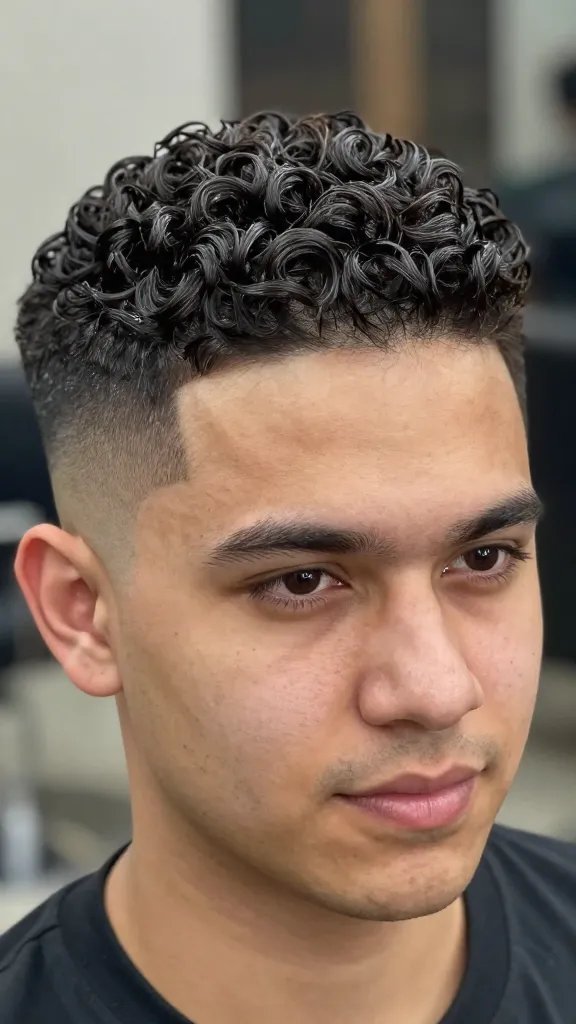 A high-resolution, realistic close-up portrait of a stylish man with a Hi-Top Fade featuring a pronounced, well-defined top that has subtle curls at the ends, adding bounce and personality. The sides are neatly faded and short to emphasize the voluminous, curled top. The lighting is bright and natural, highlighting the texture and sheen of the curled ends and the smooth fade. The subject&rsquo;s expression is confident and uplifting, with a relaxed posture that conveys a playful yet polished vibe. The background is softly blurred to keep focus on the hair, skin tone even and healthy, with subtle shine on the hair to show light oil or serum texture. Ensure no text appears in the image.