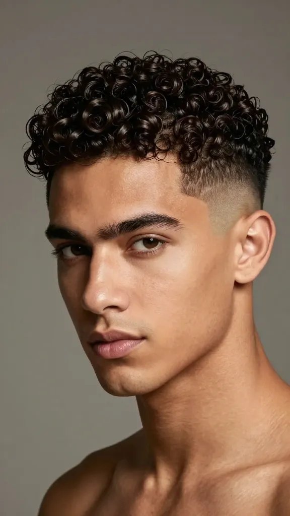A high-definition, hyper-realistic portrait of a stylish man with thick, springy curls featuring a dramatic skin fade on the sides and back, crisp defined line at the temple, and a clean, rounded curl pattern on top. The lighting is soft yet bold, highlighting the glossy texture of the curls and the smooth gradient of the skin fade. The subject gazes confidently at the camera with a natural, relaxed expression. Subtle, natural makeup-free skin with hydrated, healthy shine. The background is a muted, bokeh-style studio backdrop that keeps the focus on the hairstyle, with no text or logos present. The overall mood is modern, polished, and effortlessly chic.