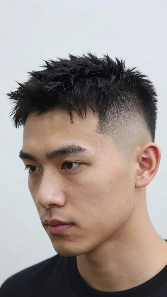 A high-resolution, realistic portrait of a man with a sharp temple razor fade and a brushed-up textured top. The temples feature a precise, thin razor line for accent, creating a daring, futuristic edge, while the top is styled standing up with dry-brushed texture for a soft, matte finish. The overall look is wearable yet fashion-forward, suitable for a fashion shoot; lighting is bright and natural with subtle shadows to emphasize the fade and texture, the subject&rsquo;s expression confident and composed, clean backdrop, no text on image.