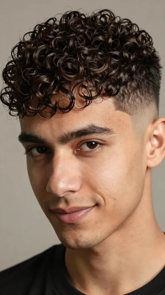 Create a hyper-realistic, high-resolution portrait of a stylish man with a faded burst haircut featuring a curved fringe. The fade should be clean and seamless around the ears, with a distinct, textured curly fringe that has defined edges and subtle motion. The subject should have textured, curly hair with a natural shine, and the fringe light and airy, held with a flexible, non-sticky product that keeps curls airy without heaviness. The lighting is soft yet directional to emphasize the contrast between the tight fade and the voluminous curly fringe, with a shallow depth of field to keep the focus on the hair and hairstyle. The background should be neutral and unobtrusive, ensuring the hairstyle is the focal point. The subject&rsquo;s expression is confident and relaxed, lips closed, slight natural smile, head slightly tilted to showcase the curl pattern and the curved fringe. No text on the image.
