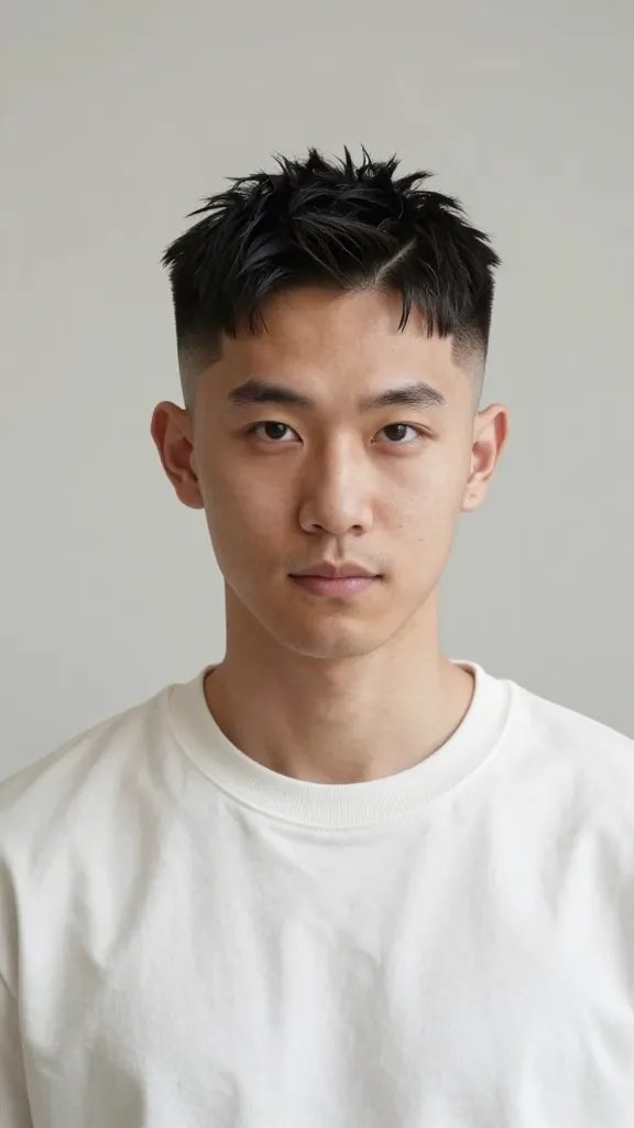 Create a hyper-realistic, high-resolution portrait of a stylish man with a ferociously fresh fade featuring an irregular part. The subject should be centered, standing in a clean, softly lit studio setting with a neutral backdrop. He has a well-defined, modern fade that gradually blends from skin to longer hair on top, with an irregular, asymmetrical part line clearly visible and drawn with a sharp comb edge. The rest of the hairstyle is kept simple and tidy to emphasize the distinct part. The lighting is natural and flattering, highlighting the crisp edge of the part and the smooth fade, with subtle reflections on the hair to show texture. The subject&rsquo;s expression is confident and approachable, wearing a crisp, minimalist outfit (e.g., solid-color crew neck shirt or well-fitted jacket) to keep the focus on the hairstyle. No text or branding in the image.