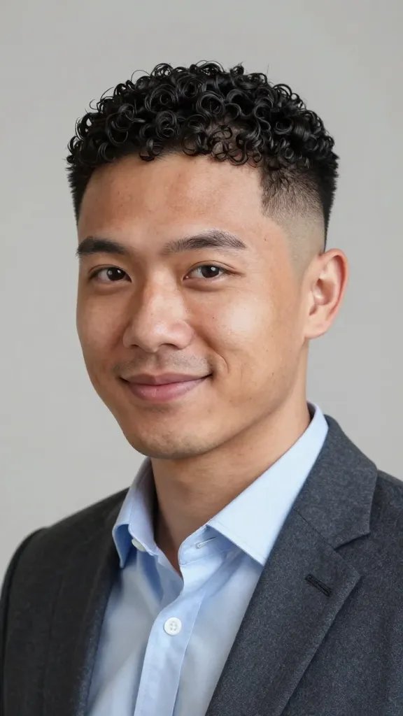 A high-resolution, photorealistic portrait of a stylish man with a balanced Subtle Curl Core Low Fade. The subject has short, cleanly faded sides that gradually blend from skin to light taper, with defined, natural-looking curls kept prominent on the crown. He is wearing a smart-casual outfit (pressed light-blue shirt or charcoal blazer) to convey office-appropriate style. The lighting is soft and natural, highlighting the texture of the curls and the smooth fade without harsh shadows. The background is neutral and unobtrusive, ensuring the focus remains on the hairstyle and overall look. The subject is posed to convey confidence and approachability, with a slight smile and direct gaze toward the camera, capturing ease of maintenance and high-impact style suitable for daily wear and happy hour. No text or branding on the image.