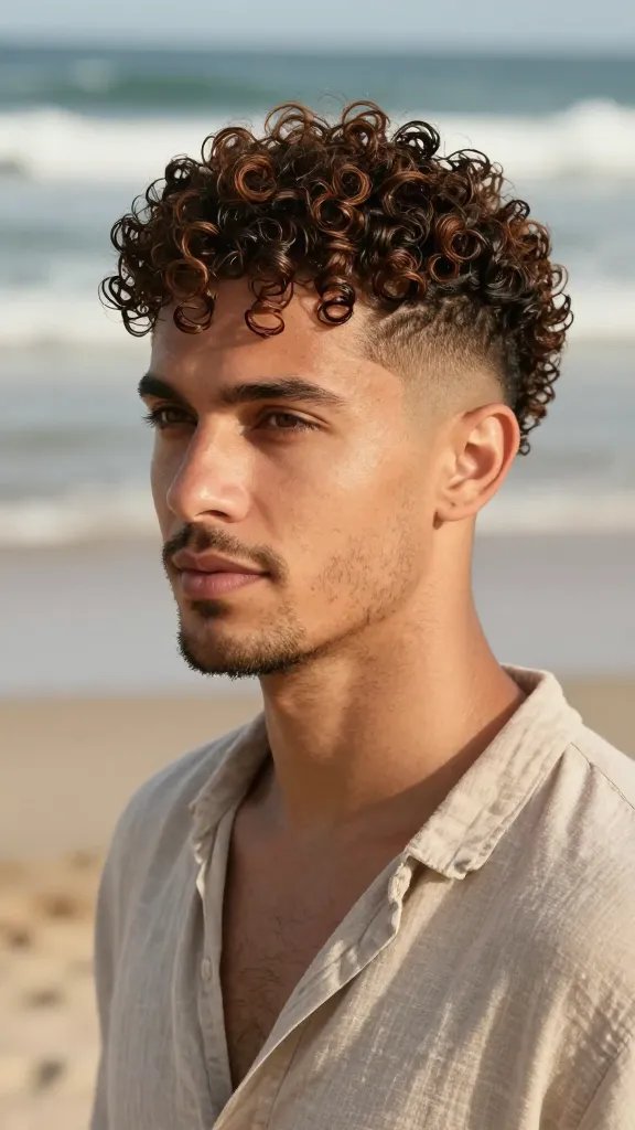 A high-resolution, realistic portrait of a man with curly hair sporting a coconut water wave low fade. The subject stands outdoors on a sunlit beach backdrop with soft bokeh waves in the distance, capturing a relaxed yet intentional vibe from day to night. The hairstyle features tight, bouncy curls on top with a crisp, tapered low fade and clean temple lines. The man has a confident, natural expression, light beard stubble, and well-defined jawline. Lighting is natural and warm, highlighting the shine and moisture of the curls. Clothing is casual beachwear (neutral-toned shirt or linen top) to emphasize the effortless style. No text on the image.