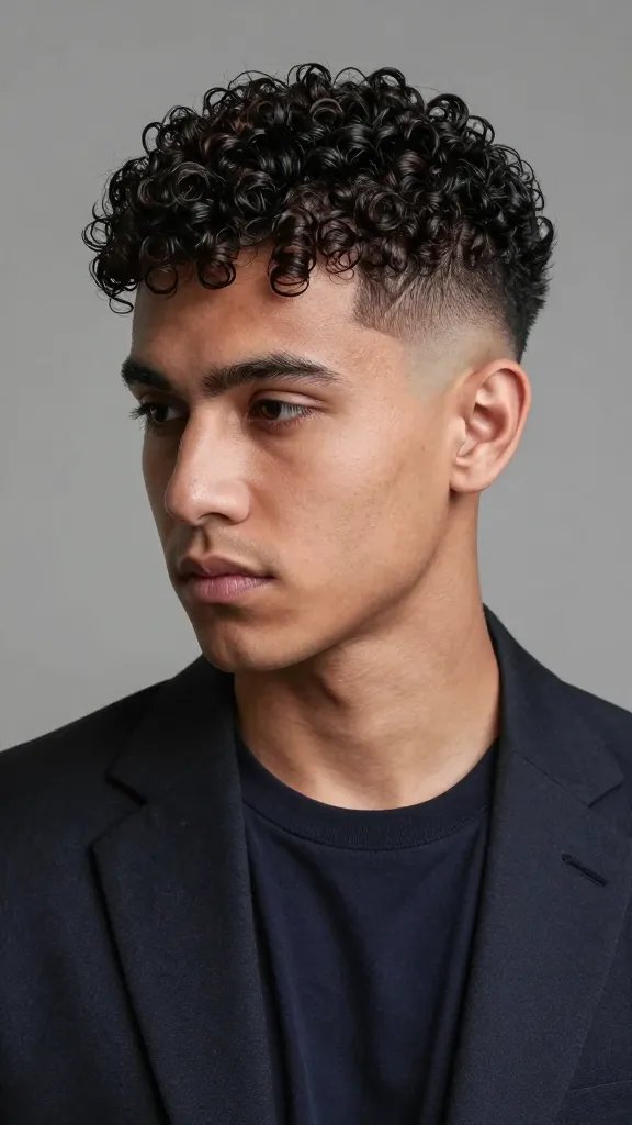 A high-quality, realistic close-up portrait of a stylish man with tight, coiled curls, featuring a mid-to-high fade that creates a dramatic contrast against the curls. The image should capture bold silhouette and sharp linework, with crisp definition at the fade and sheen on the curls. The subject has a square jawline and wears a confident, expressive outfit (e.g., a tailored dark blazer over a simple, solid-color tee) in a modern, studio setting with controlled lighting that emphasizes texture and contrast. The background is neutral and unobtrusive to keep the focus on the hair and facial features, with natural skin tones and detailed hair texture visible from scalp to curl tips. No text or branding in the image.