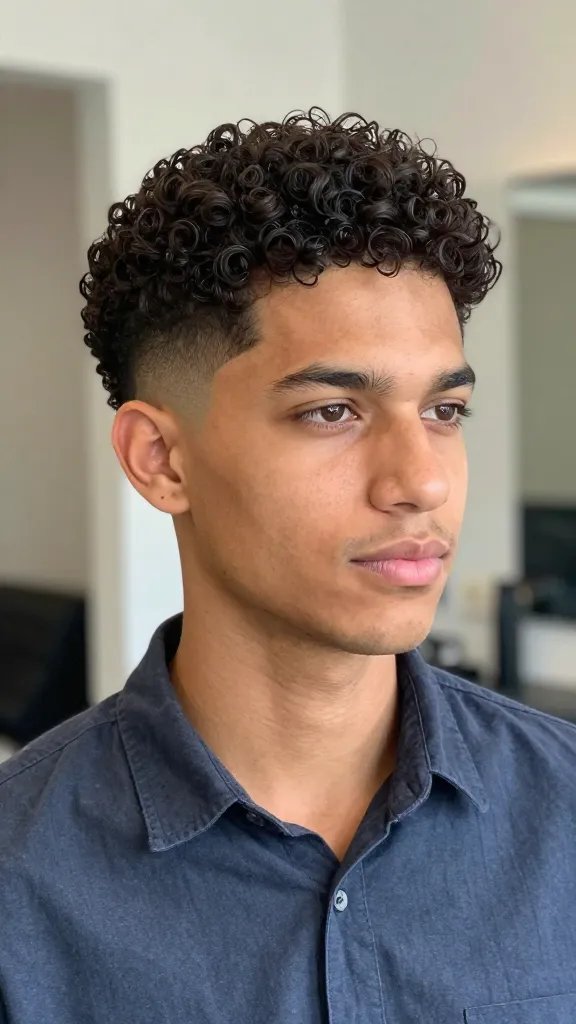 A high-resolution, photorealistic portrait of a stylish man with curly hair featuring a textured brush-up on top and a clean, low fade on the sides. The subject stands in a well-lit, modern indoor setting with soft, natural lighting. The top hair is styled upward and forward with visible texture and movement, using a matte paste for definition. The fade on the sides is subtle and precise, creating a polished contrast to the voluminous curls on top. The man has a confident, relaxed expression and wears a casual, well-fitting shirt. The overall look is casual yet refined, capturing a modern, low-maintenance grooming aesthetic. No text in the image.