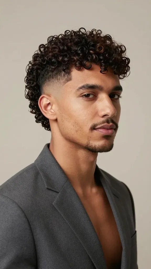 Create a high-resolution, realistic portrait of a stylish man with curly hair featuring a Side Part with Soft Curl Fade. The subject stands in a neutral, softly lit studio setting wearing a tailored blazer for a polished look, with the possibility of a casual option&mdash;but ensure the blazer look is clearly visible, exuding versatility. The hairstyle should show a clearly defined side part with a subtle, seamless fade that blends into soft, natural curls along the sides and back. The curls should appear voluminous yet controlled, with a clean gradient fade that starts low and gradually blends into the curls. The subject&rsquo;s expression is confident and approachable, with a natural skin tone, well-groomed facial hair (optional light stubble), and a neat, groomed hairstyle. The background should be unobtrusive (soft, neutral tones) to keep the focus on the hair and look. No text on the image.