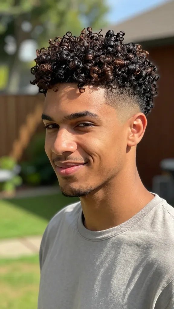 Create a high-resolution, photo-realistic portrait of a stylish man with Afro-textured curls styled into a pronounced low fade. The top has abundant volume with thick, bold curl patterns, while the sides fade smoothly into a clean, tapering fade. The subject exudes confidence and relaxed energy, standing or posing in a sunlit outdoor backyard setting on a warm day, with natural light highlighting the defined curls and the fade. He wears a simple, well-fitting casual shirt and looks slightly off-camera with a relaxed smile. The background includes soft greenery and wooden elements to convey a summery, outdoor vibe, with a shallow depth of field to keep the focus on his hair texture and fade. No text or branding in the image.