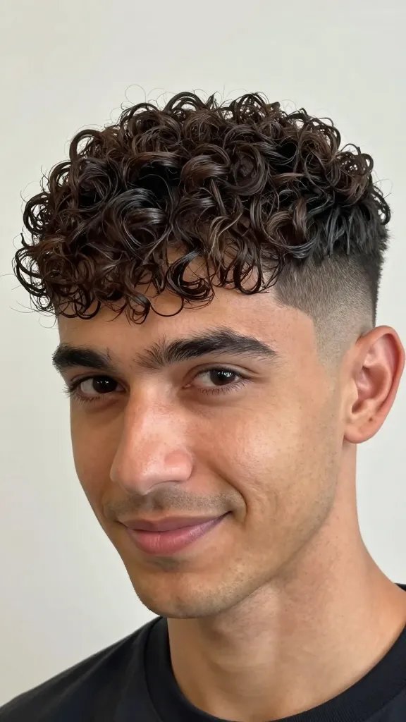 A hyper-realistic portrait of a man with curly hair styled into a fringe that brushes the eyebrows, featuring a light, low fade along the sides to keep the fringe length prominent. The subject should have a playful yet sharp look, with well-defined curls on top and a subtle gel sheen that keeps the fringe controlled but bouncy. Lighting is natural and flattering, highlighting the texture of the curls and the smooth gradient of the fade. The background is clean and unobtrusive, emphasizing the hairstyle as the star. The man&rsquo;s expression is confident and approachable, with a hint of a smile, and the overall image conveys modern, intentional styling and easy-to-maintain fringe. No text in the image.